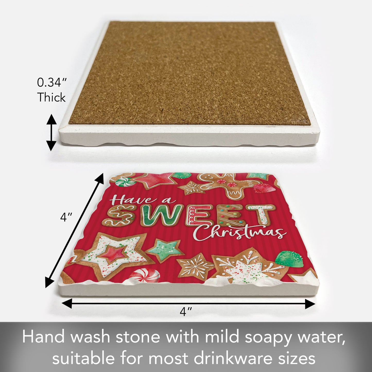 Thirstystone Sweet Christmas Single Tumbled Tile Stone Coaster with Protective Cork Backing Manufactured in The USA 4" Square, Artistic, Easily Wipes Clean