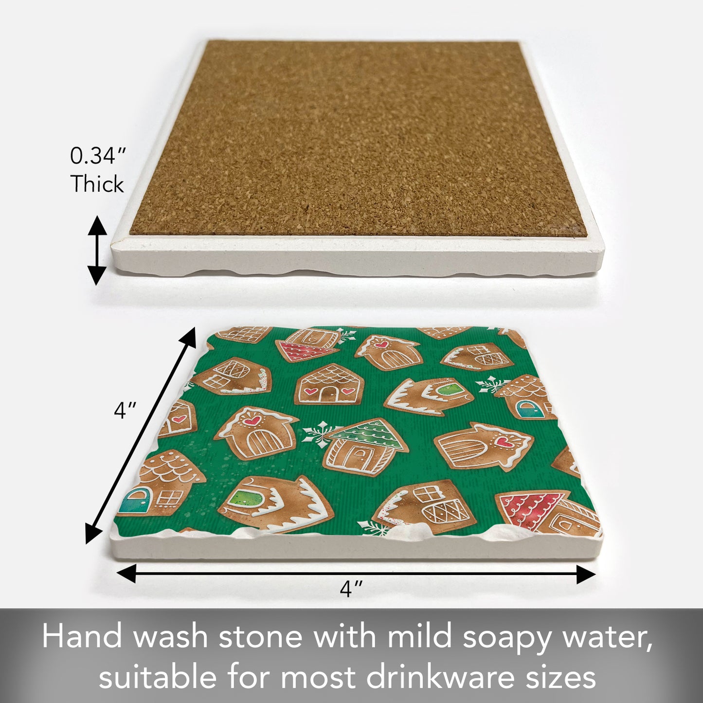 Thirstystone Gingerbread Houses Single Tumbled Tile Stone Coaster with Protective Cork Backing Manufactured in The USA 4" Square, Artistic, Easily Wipes Clean