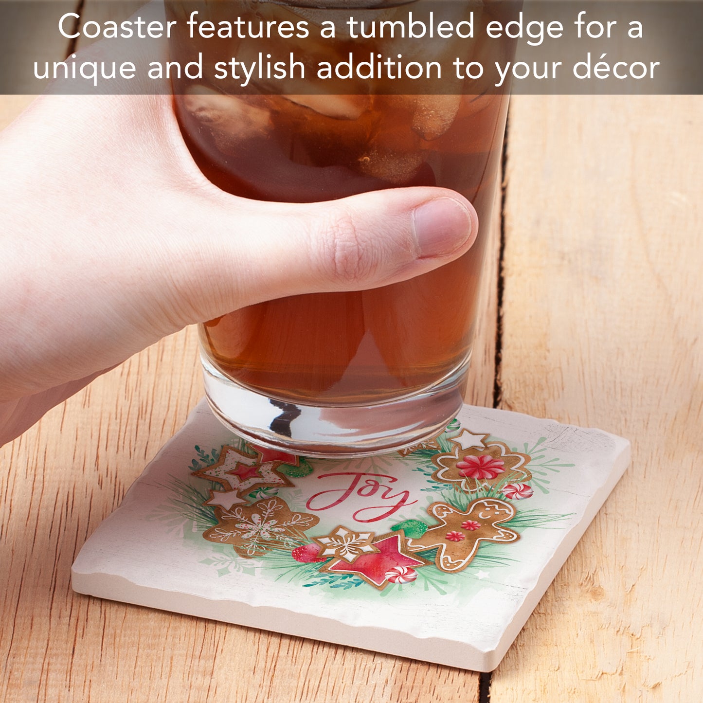 Thirstystone Gingerbread Joy Single Tumbled Tile Stone Coaster with Protective Cork Backing Manufactured in The USA 4" Square, Artistic, Easily Wipes Clean