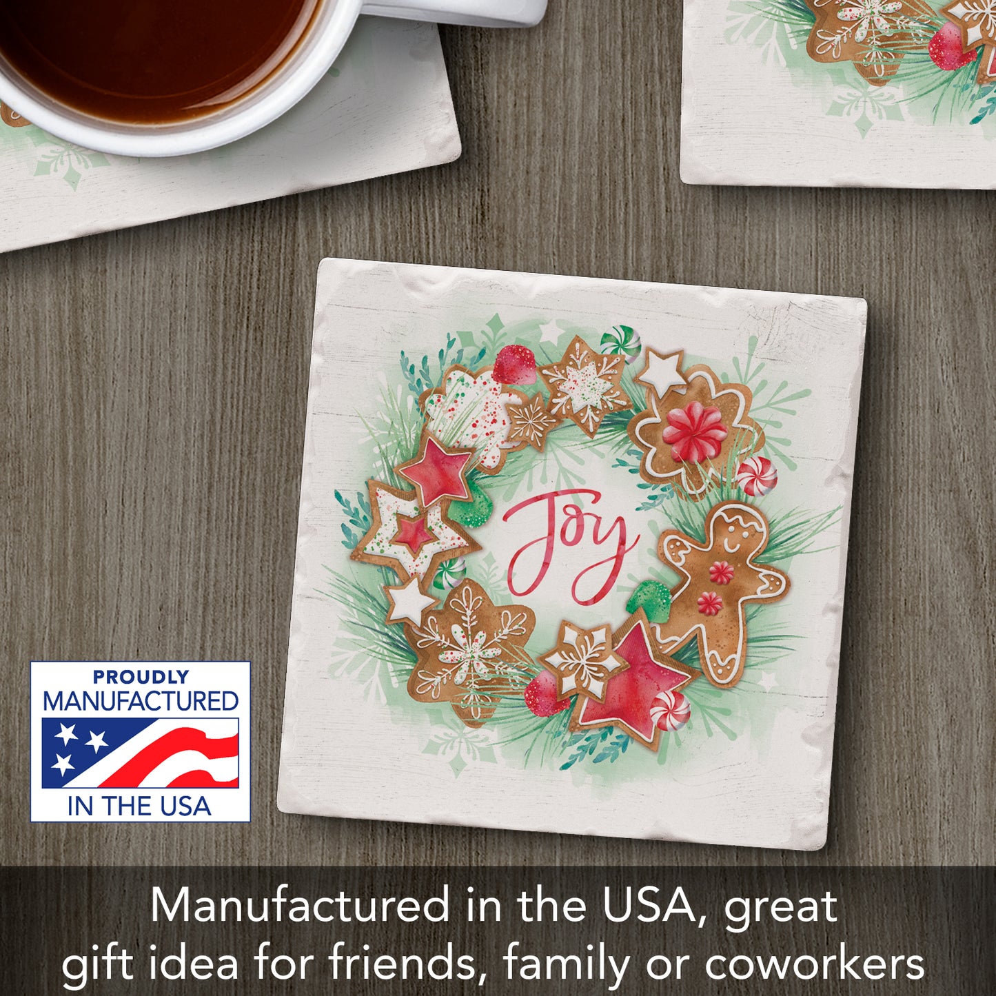 Thirstystone Gingerbread Joy Single Tumbled Tile Stone Coaster with Protective Cork Backing Manufactured in The USA 4" Square, Artistic, Easily Wipes Clean