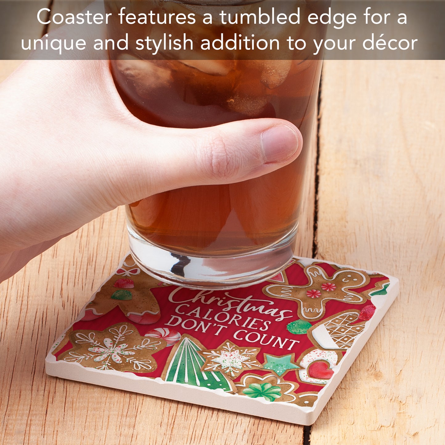 Thirstystone Calories Don't Count Single Tumbled Tile Stone Coaster with Protective Cork Backing Manufactured in The USA 4" Square, Artistic, Easily Wipes Clean