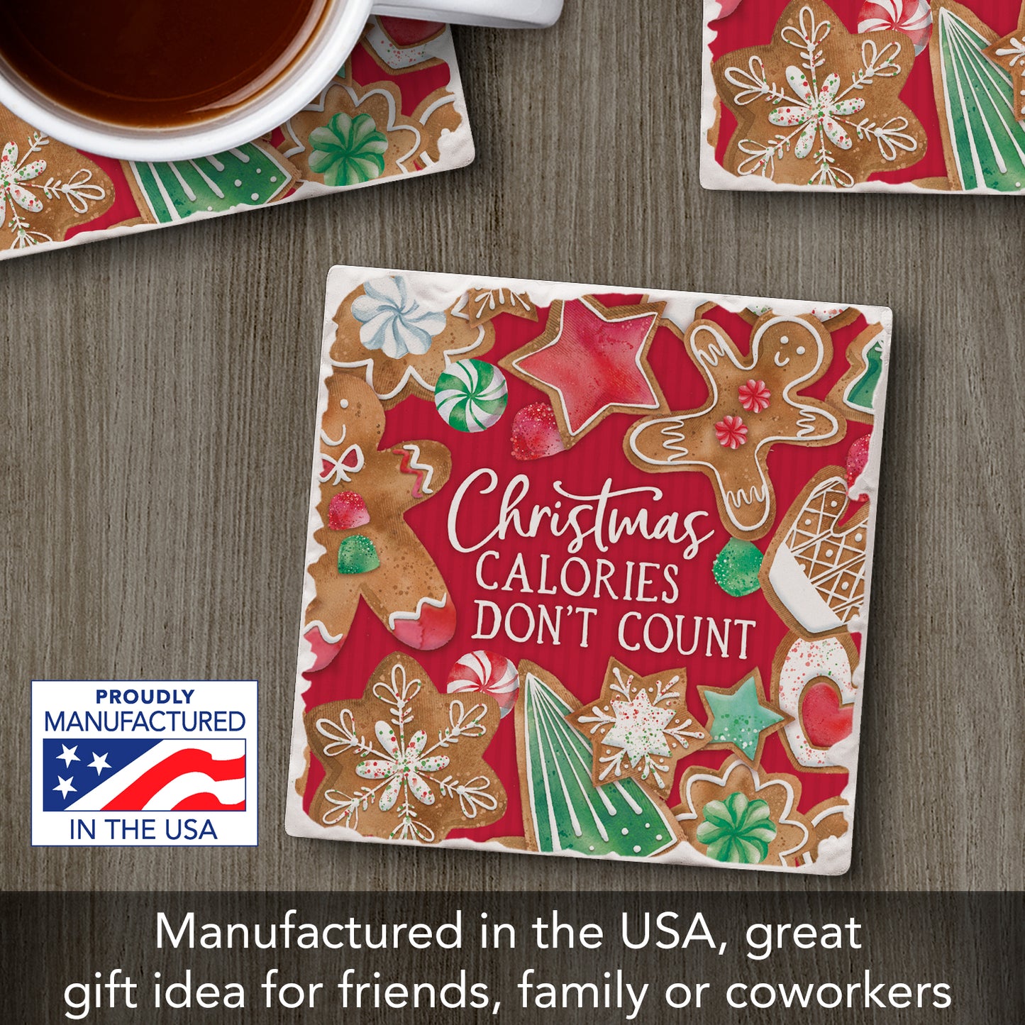 Thirstystone Calories Don't Count Single Tumbled Tile Stone Coaster with Protective Cork Backing Manufactured in The USA 4" Square, Artistic, Easily Wipes Clean