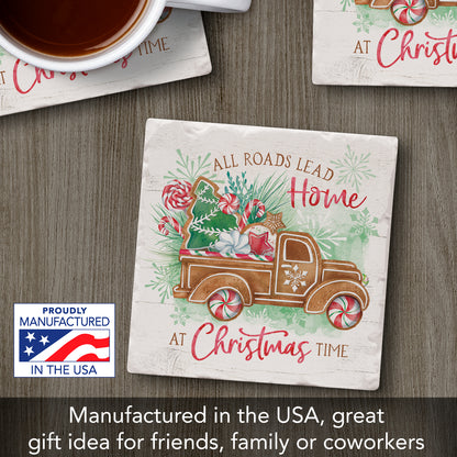 Thirstystone All Roads Lead Home Single Tumbled Tile Stone Coaster with Protective Cork Backing Manufactured in The USA 4" Square, Artistic, Easily Wipes Clean