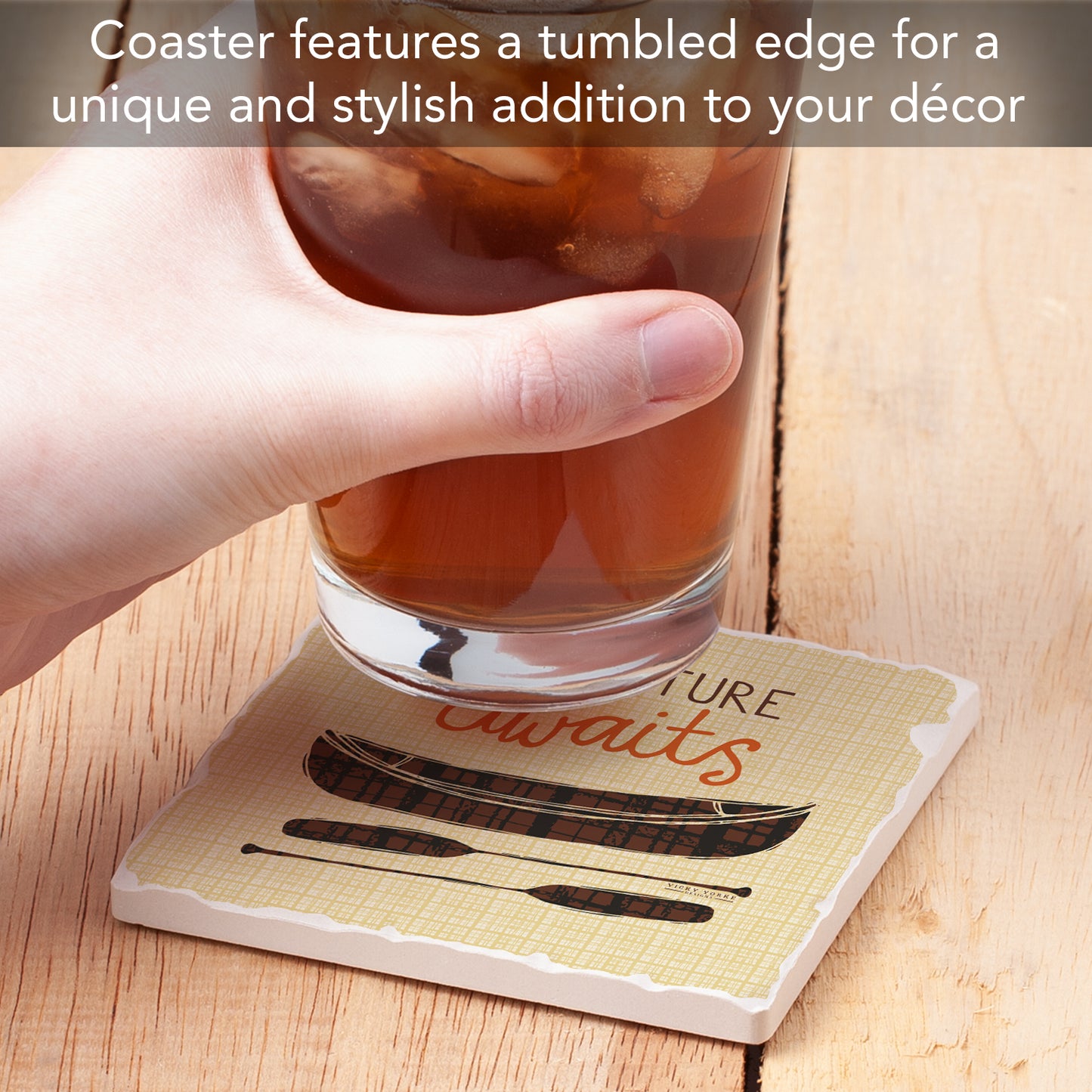 Thirstystone Adventure Awaits Single Tumbled Tile Stone Coaster with Protective Cork Backing Manufactured in The USA 4" Square, Artistic, Easily Wipes Clean