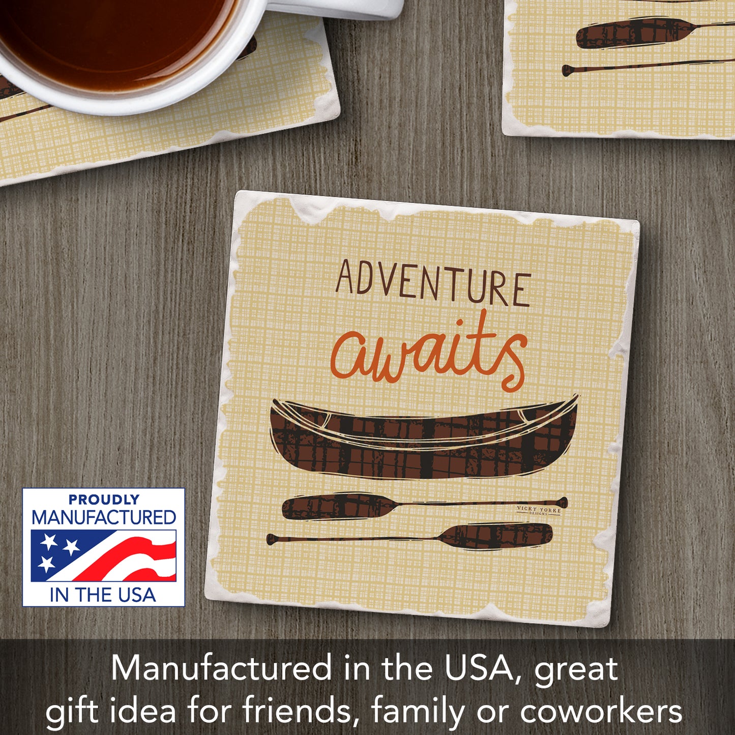 Thirstystone Adventure Awaits Single Tumbled Tile Stone Coaster with Protective Cork Backing Manufactured in The USA 4" Square, Artistic, Easily Wipes Clean