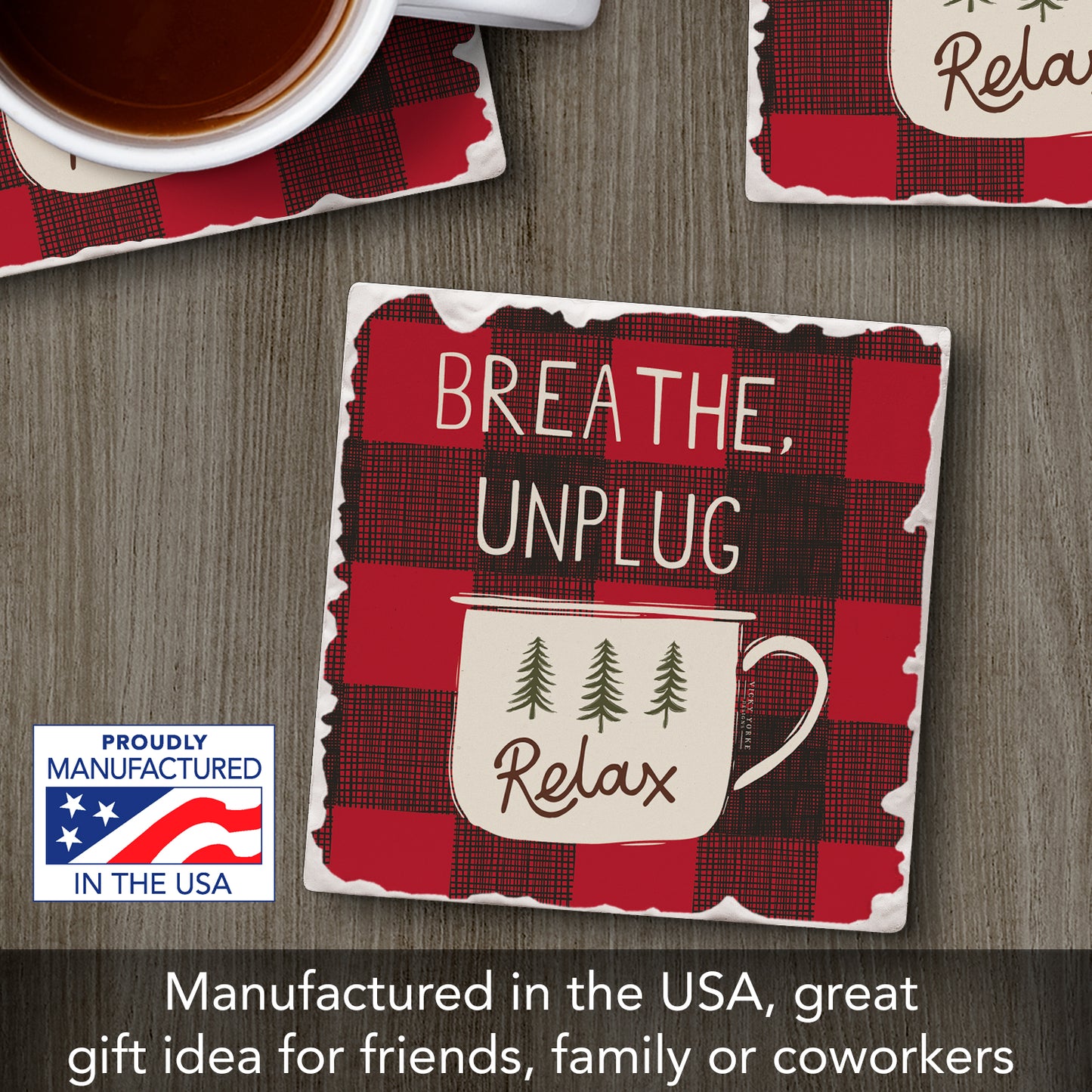 Thirstystone Breathe Unplug Relax Single Tumbled Tile Stone Coaster with Protective Cork Backing Manufactured in The USA 4" Square, Artistic, Easily Wipes Clean