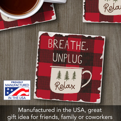 Thirstystone Breathe Unplug Relax Single Tumbled Tile Stone Coaster with Protective Cork Backing Manufactured in The USA 4" Square, Artistic, Easily Wipes Clean