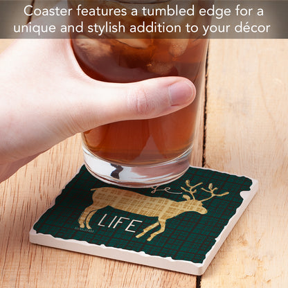 Thirstystone Lodge Life Single Absorbent Stone Coaster with Protective Cork Backing Manufactured in The USA 4" Square, Artistic, Easily Wipes Clean