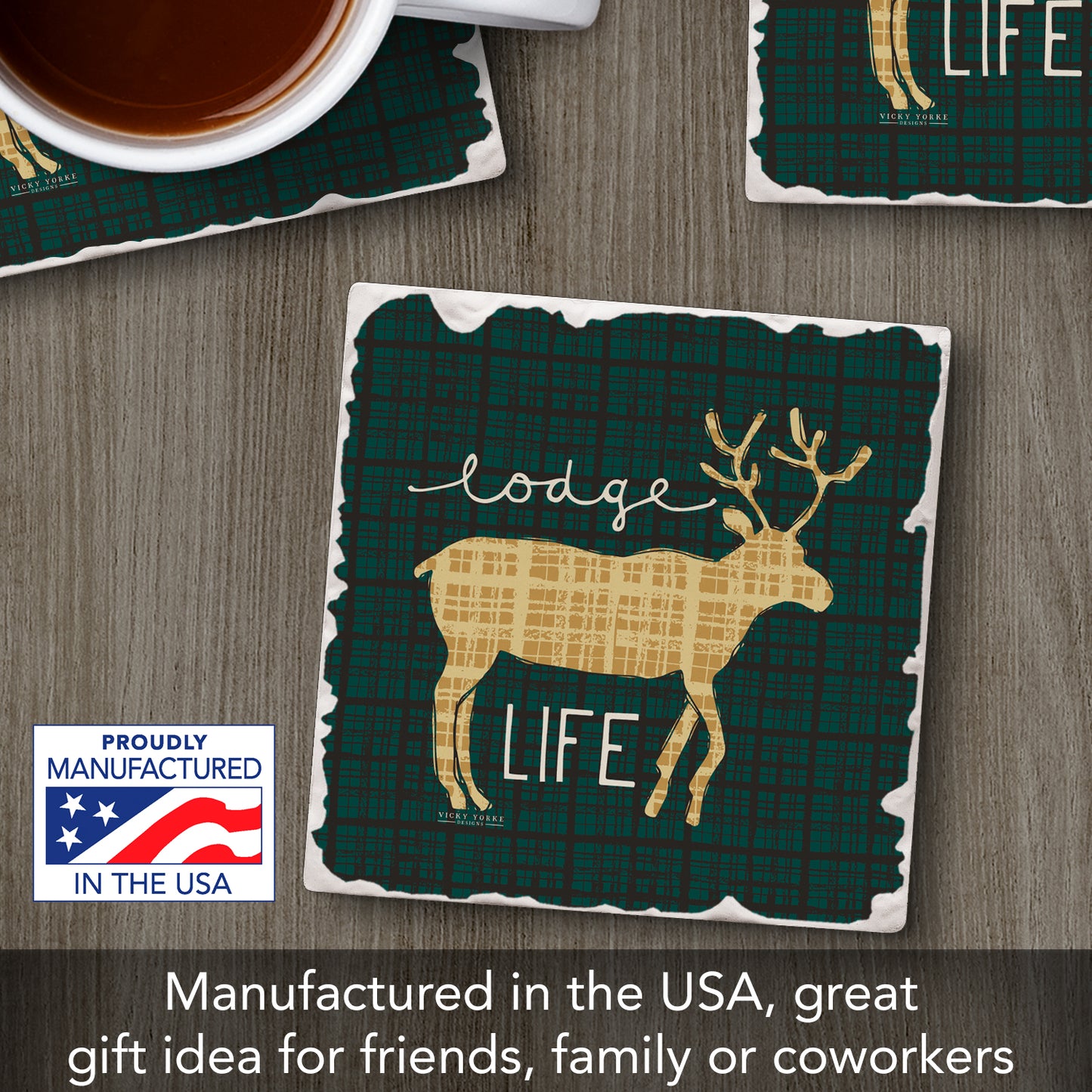 Thirstystone Lodge Life Single Absorbent Stone Coaster with Protective Cork Backing Manufactured in The USA 4" Square, Artistic, Easily Wipes Clean