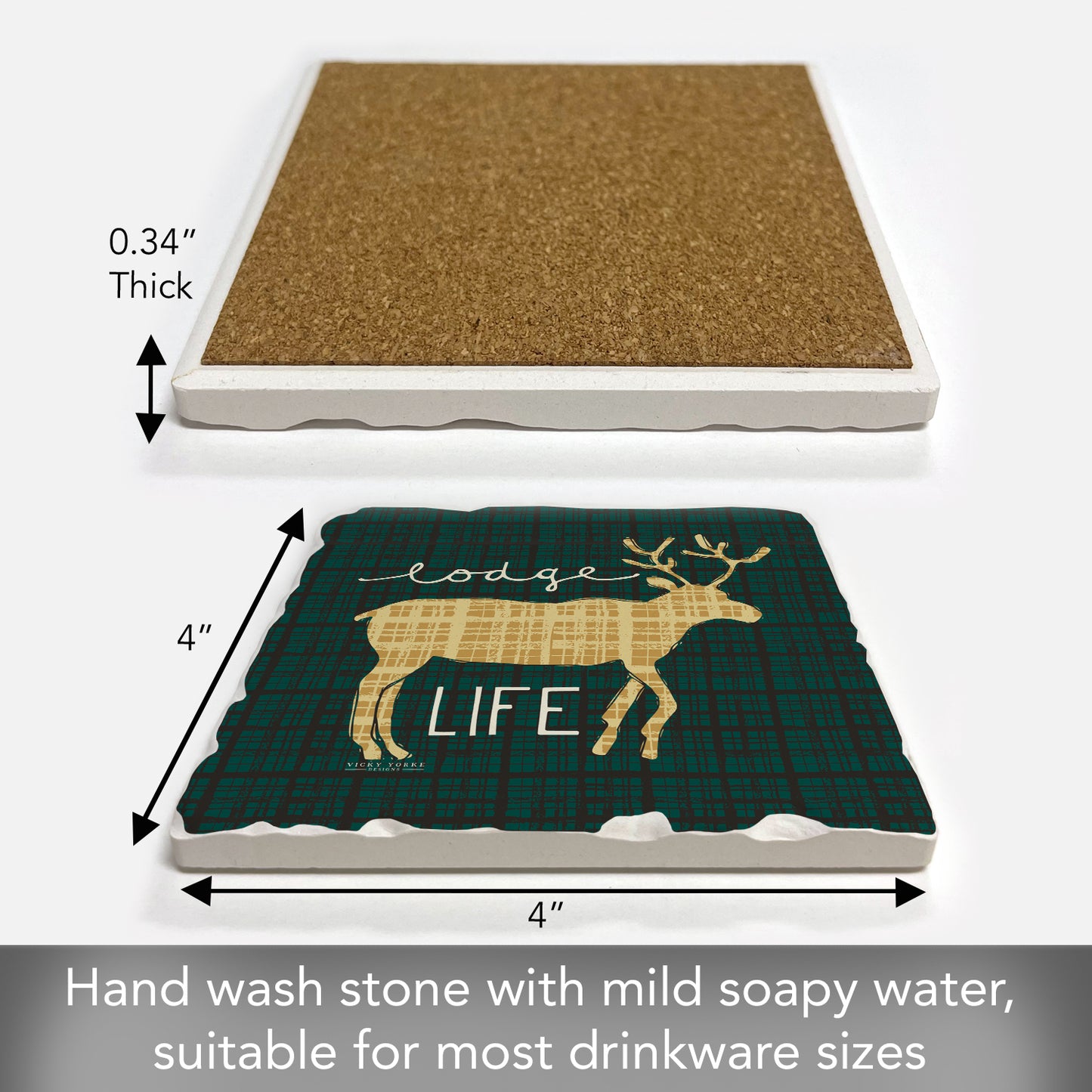 Thirstystone Lodge Life Single Absorbent Stone Coaster with Protective Cork Backing Manufactured in The USA 4" Square, Artistic, Easily Wipes Clean