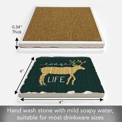 Thirstystone Lodge Life Single Absorbent Stone Coaster with Protective Cork Backing Manufactured in The USA 4" Square, Artistic, Easily Wipes Clean