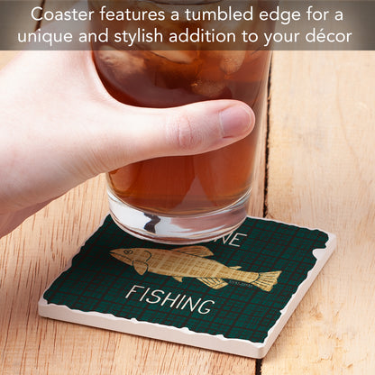 Thirstystone Gone Fishing Single Tumbled Tile Stone Coaster with Protective Cork Backing Manufactured in The USA 4" Square, Artistic, Easily Wipes Clean