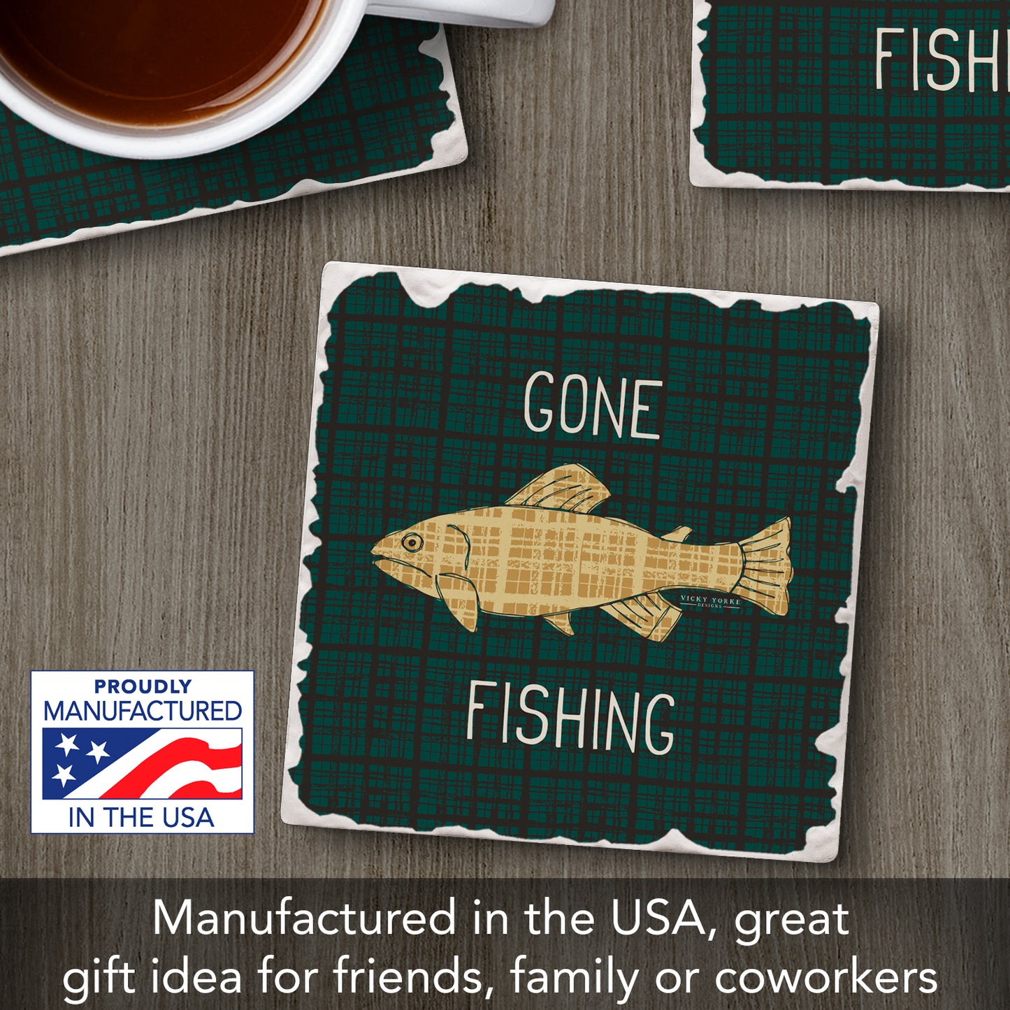 Thirstystone Gone Fishing Single Tumbled Tile Stone Coaster with Protective Cork Backing Manufactured in The USA 4" Square, Artistic, Easily Wipes Clean