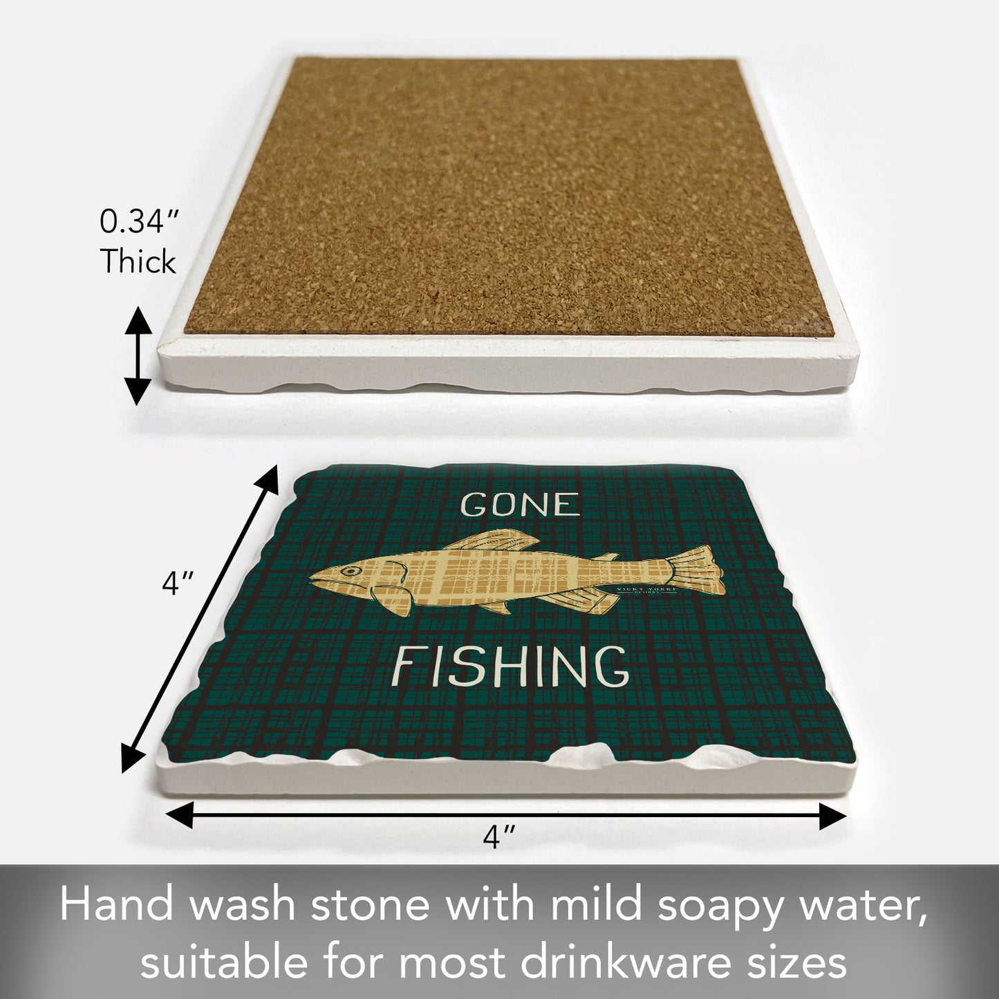 Thirstystone Gone Fishing Single Tumbled Tile Stone Coaster with Protective Cork Backing Manufactured in The USA 4" Square, Artistic, Easily Wipes Clean