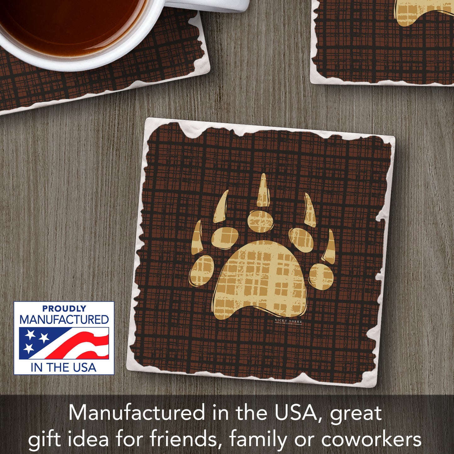 Thirstystone Bear Paw Single Tumbled Tile Stone Coaster with Protective Cork Backing Manufactured in The USA 4" Square, Artistic, Easily Wipes Clean