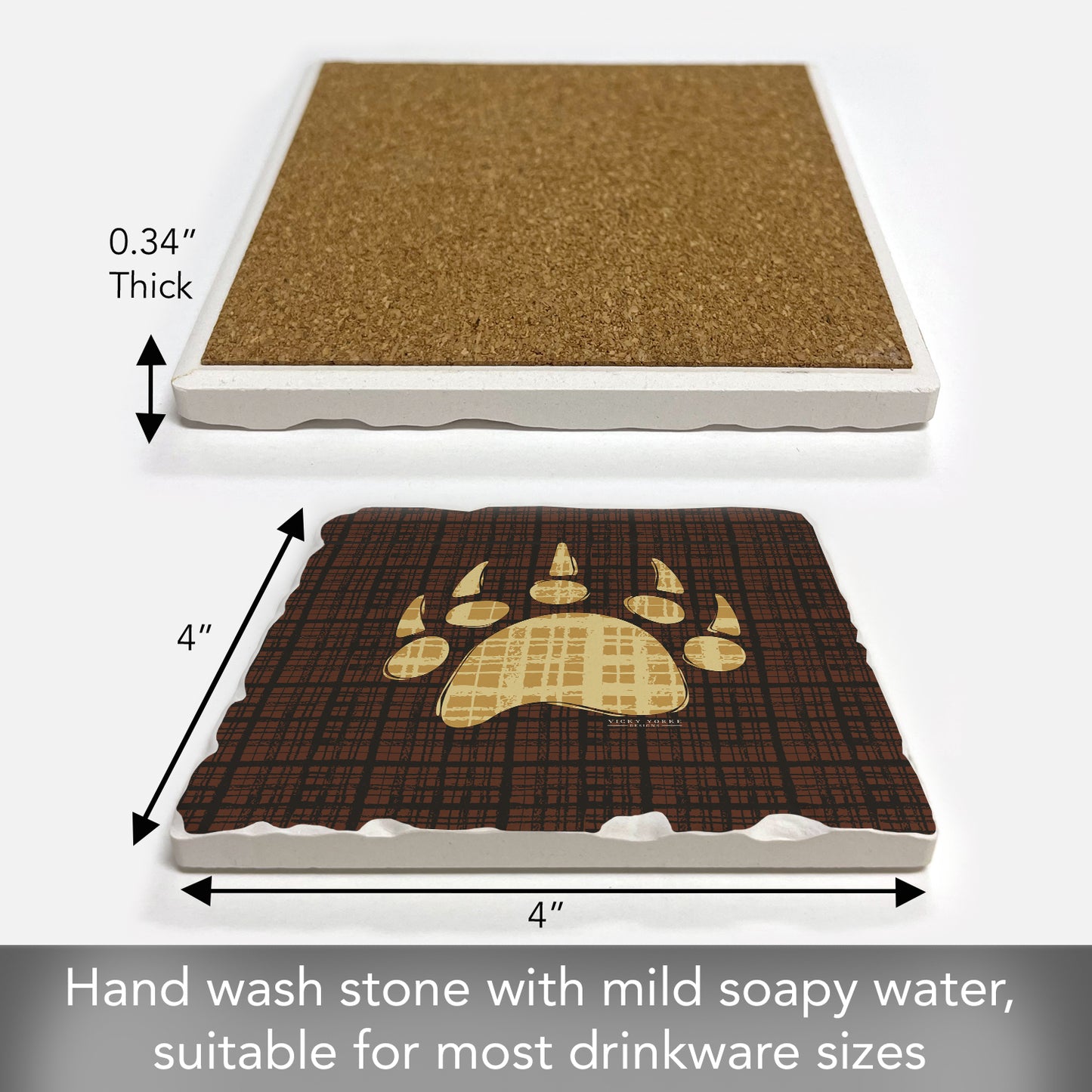 Thirstystone Bear Paw Single Tumbled Tile Stone Coaster with Protective Cork Backing Manufactured in The USA 4" Square, Artistic, Easily Wipes Clean