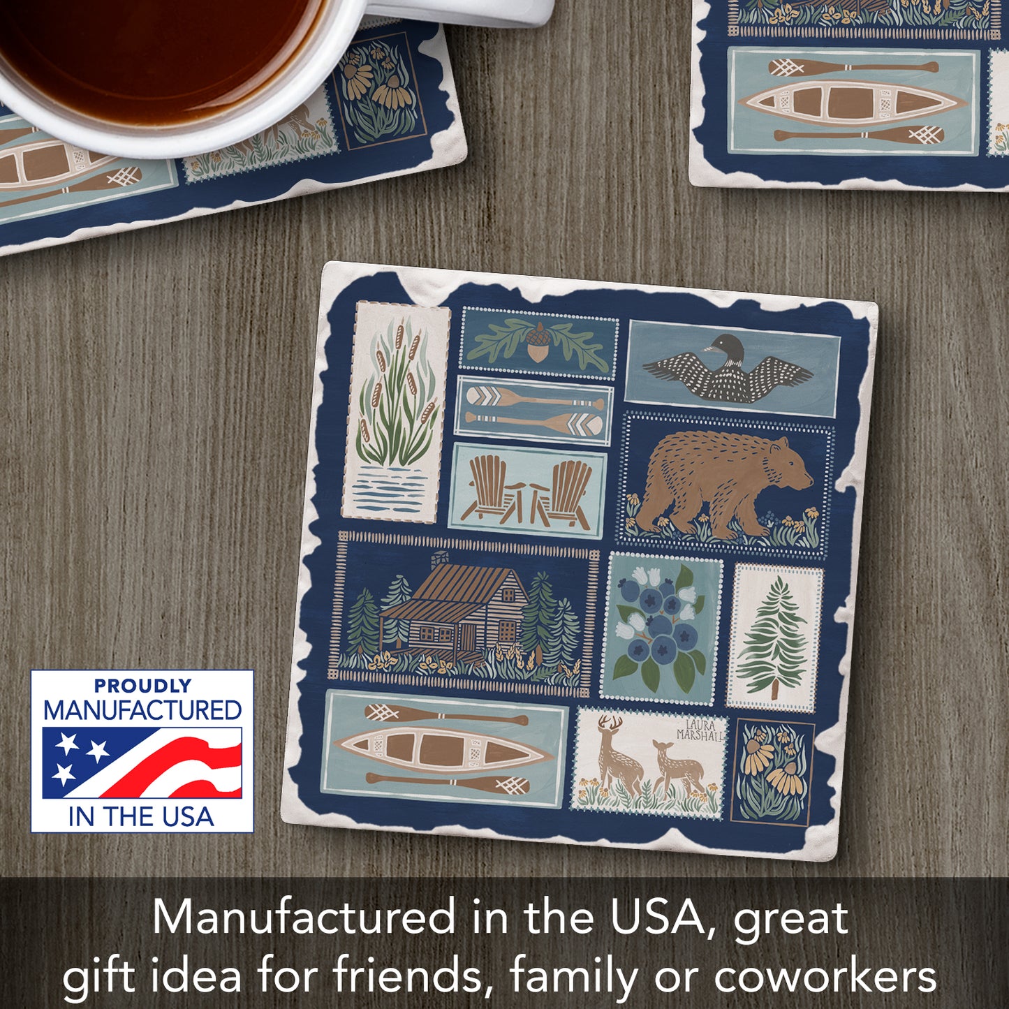 Thirstystone Lake Icons Single Tumbled Tile Stone Coaster with Protective Cork Backing Manufactured in The USA 4" Square