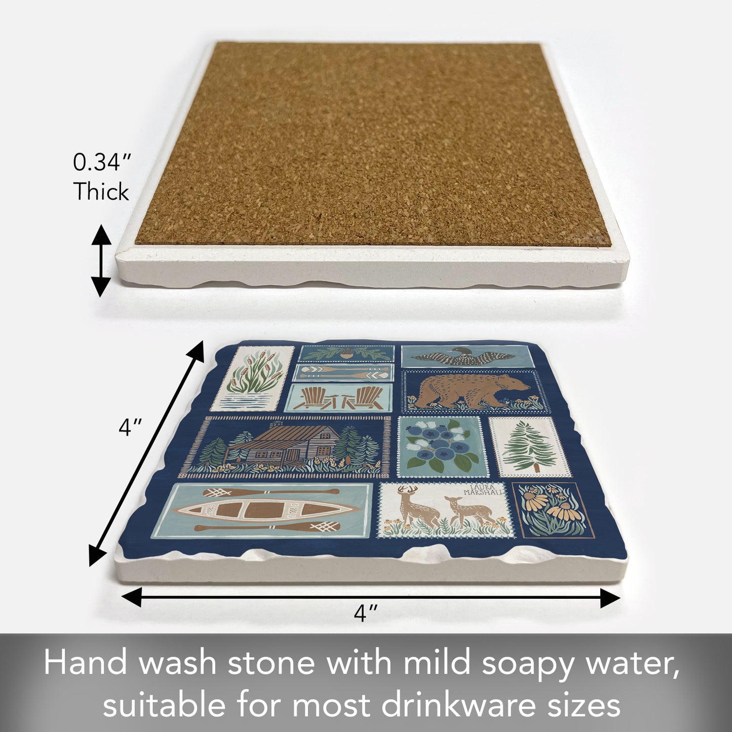 Thirstystone Lake Icons Single Tumbled Tile Stone Coaster with Protective Cork Backing Manufactured in The USA 4" Square