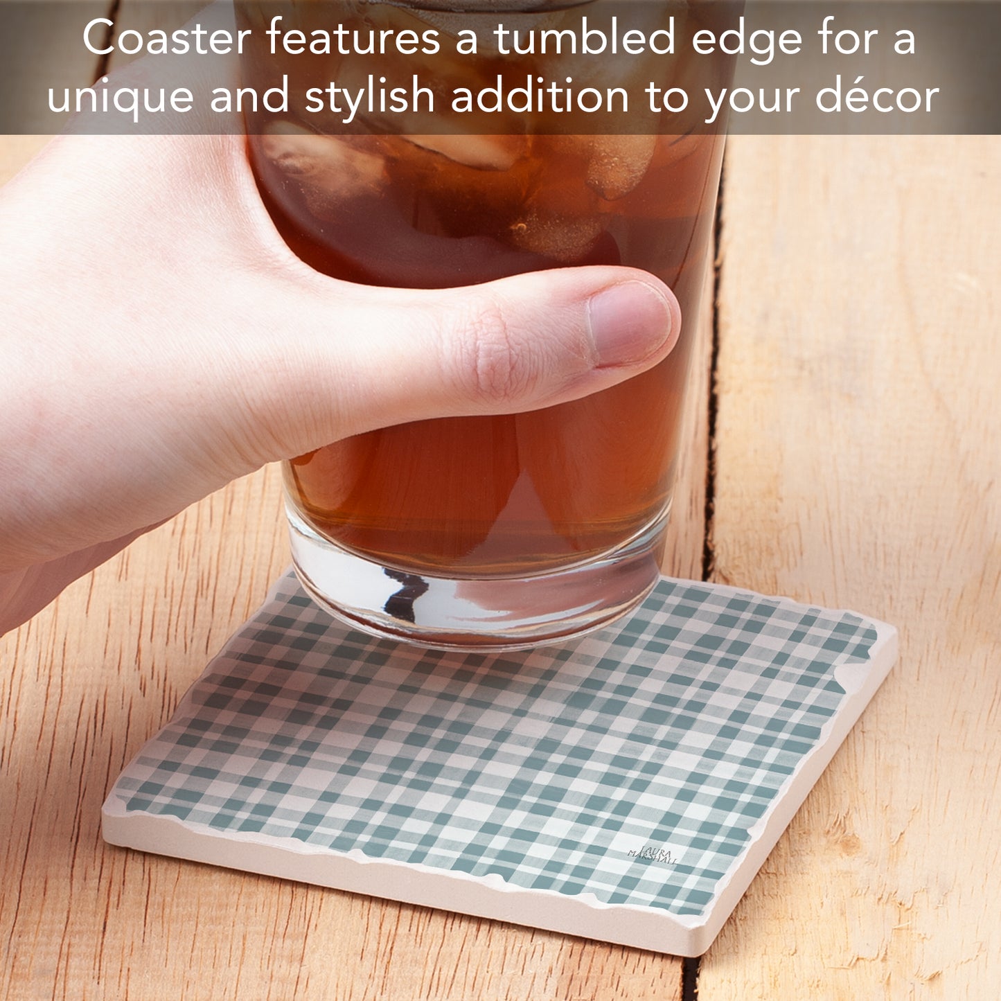 Thirstystone Lake Plaid Single Tumbled Tile Stone Coaster with Protective Cork Backing Manufactured in The USA 4" Square