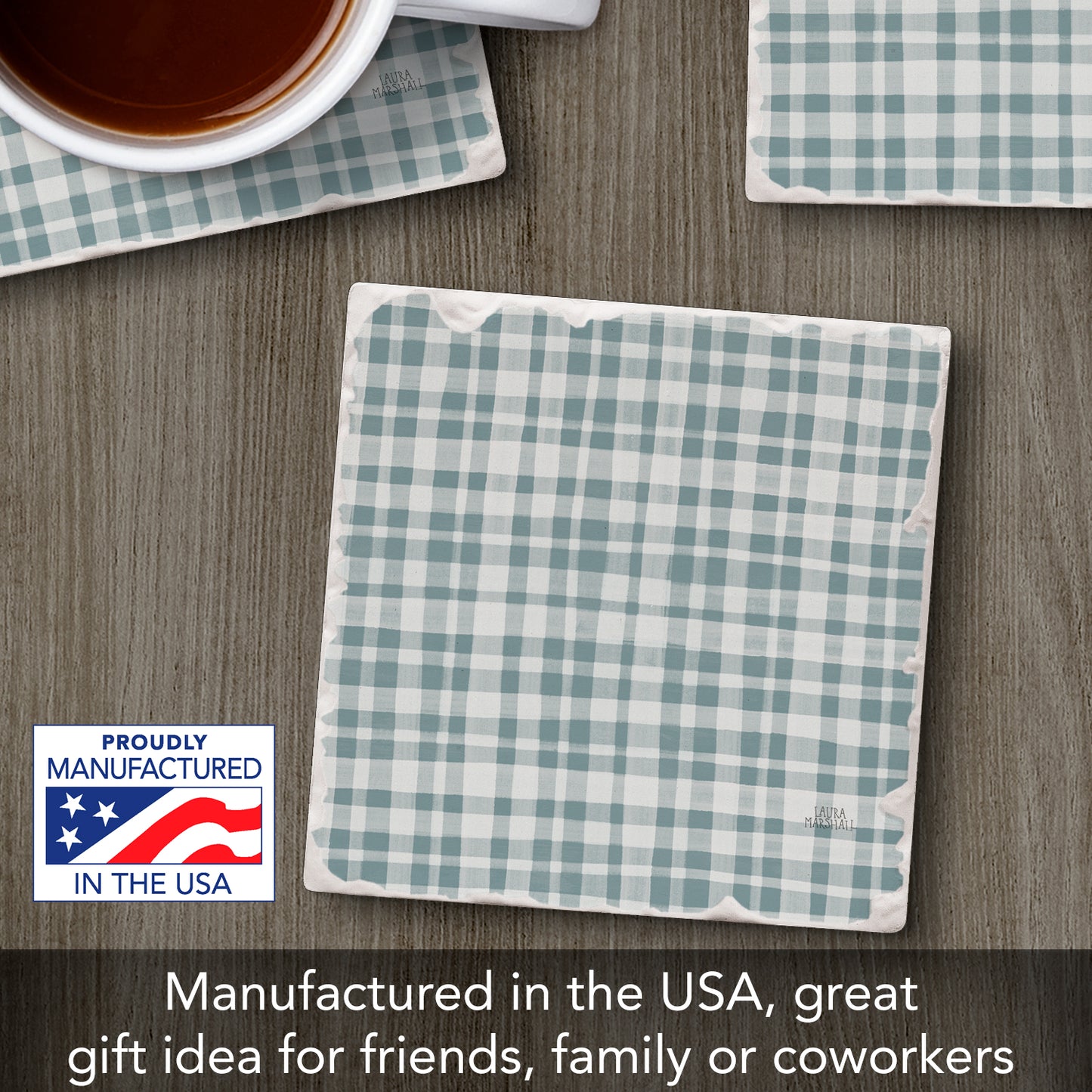 Thirstystone Lake Plaid Single Tumbled Tile Stone Coaster with Protective Cork Backing Manufactured in The USA 4" Square