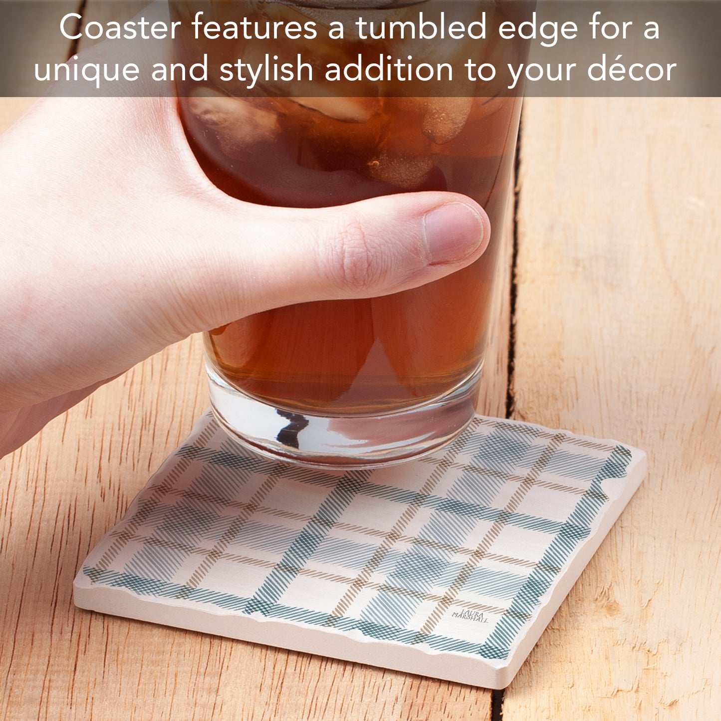 Thirstystone Ticking Plaid Single Tumbled Tile Stone Coaster with Protective Cork Backing Manufactured in The USA 4" Square