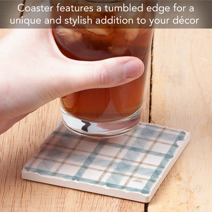 Thirstystone Ticking Plaid Single Tumbled Tile Stone Coaster with Protective Cork Backing Manufactured in The USA 4" Square