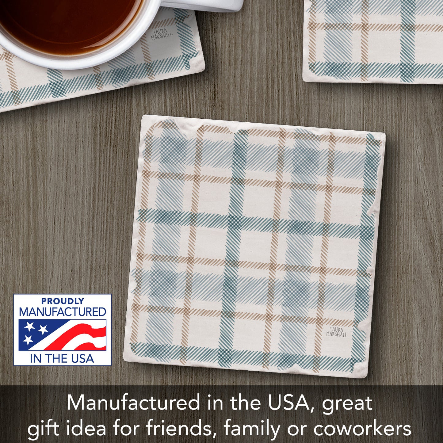 Thirstystone Ticking Plaid Single Tumbled Tile Stone Coaster with Protective Cork Backing Manufactured in The USA 4" Square