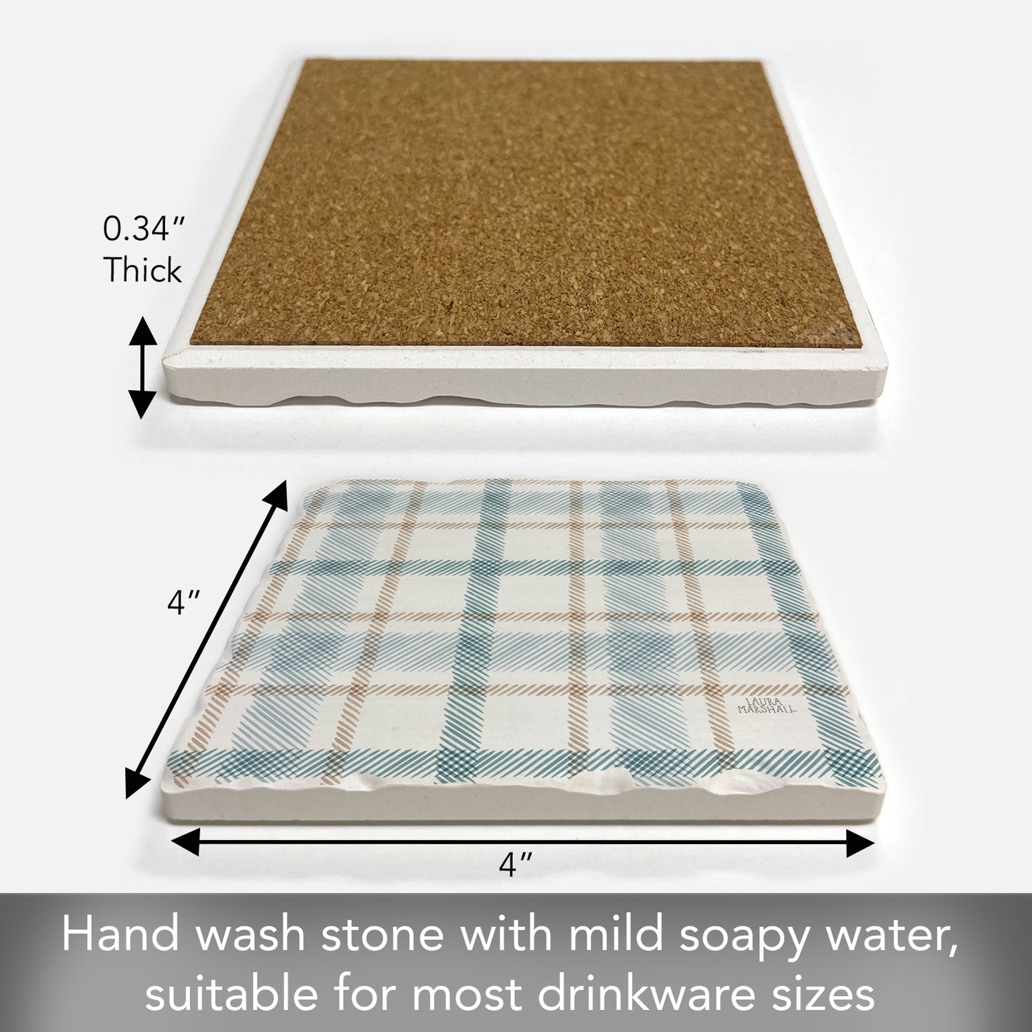 Thirstystone Ticking Plaid Single Tumbled Tile Stone Coaster with Protective Cork Backing Manufactured in The USA 4" Square