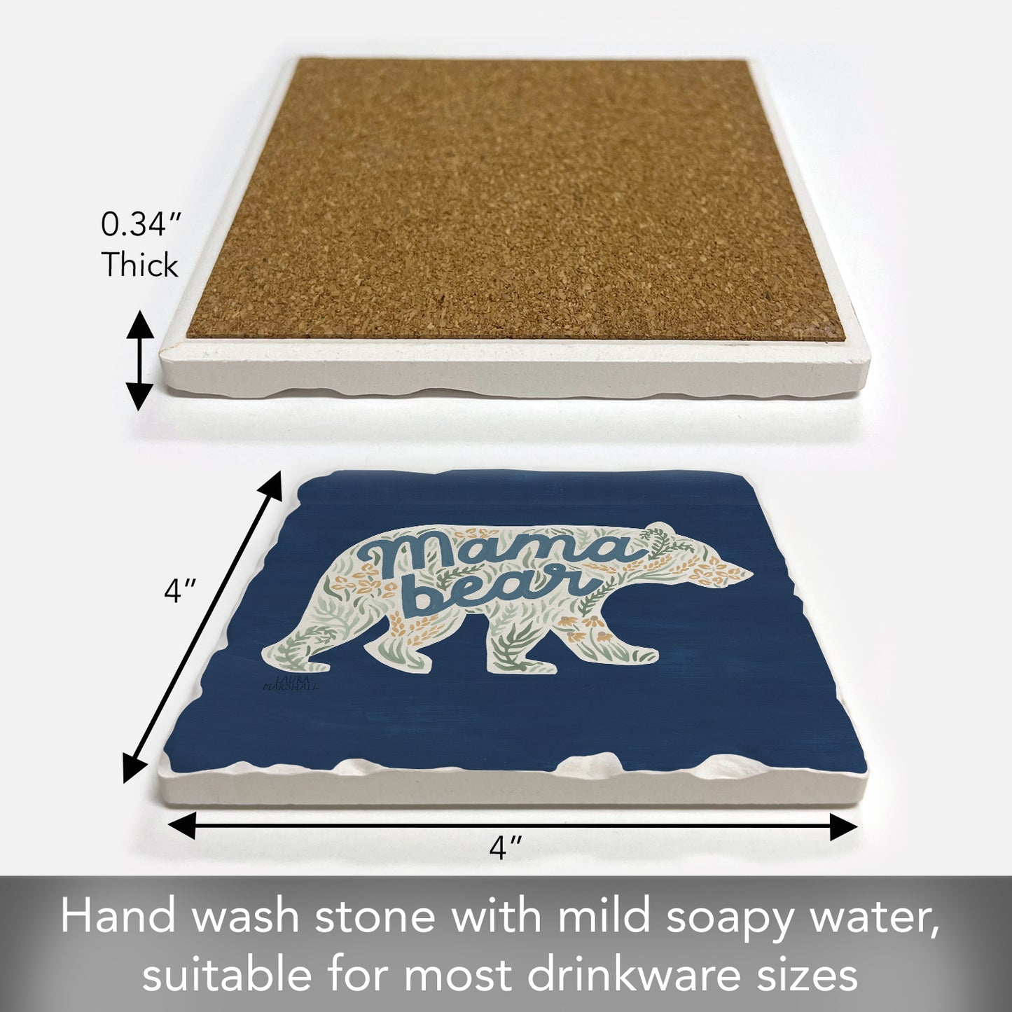 Thirstystone Mama Bear Single Tumbled Tile Stone Coaster with Protective Cork Backing Manufactured in The USA 4" Square