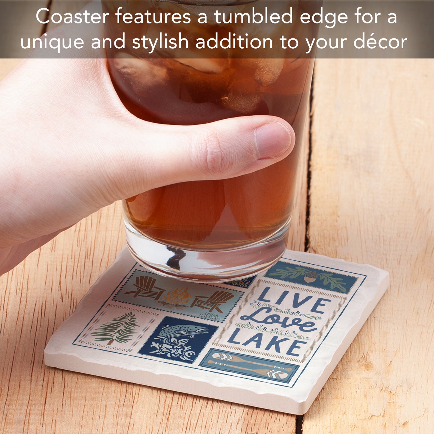 Thirstystone Live Love Lake Single Tumbled Tile Stone Coaster with Protective Cork Backing Manufactured in The USA 4" Square