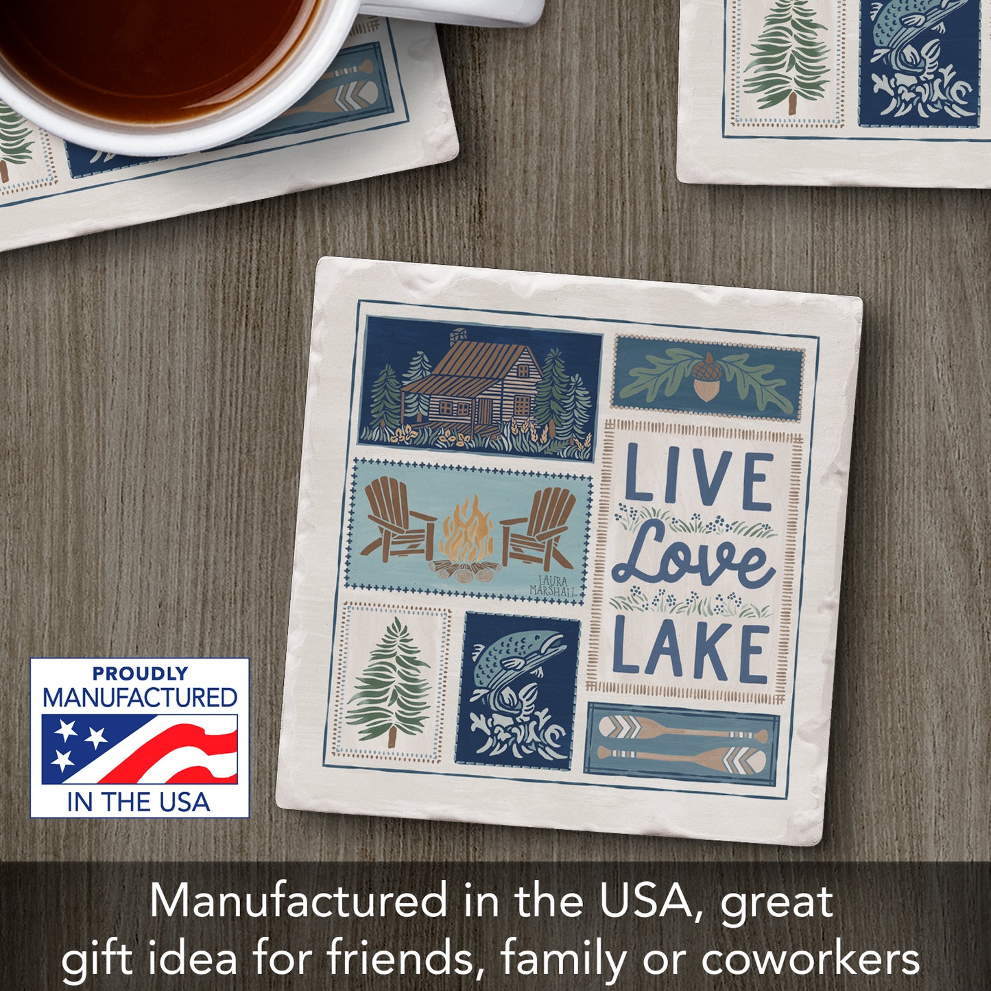 Thirstystone Live Love Lake Single Tumbled Tile Stone Coaster with Protective Cork Backing Manufactured in The USA 4" Square