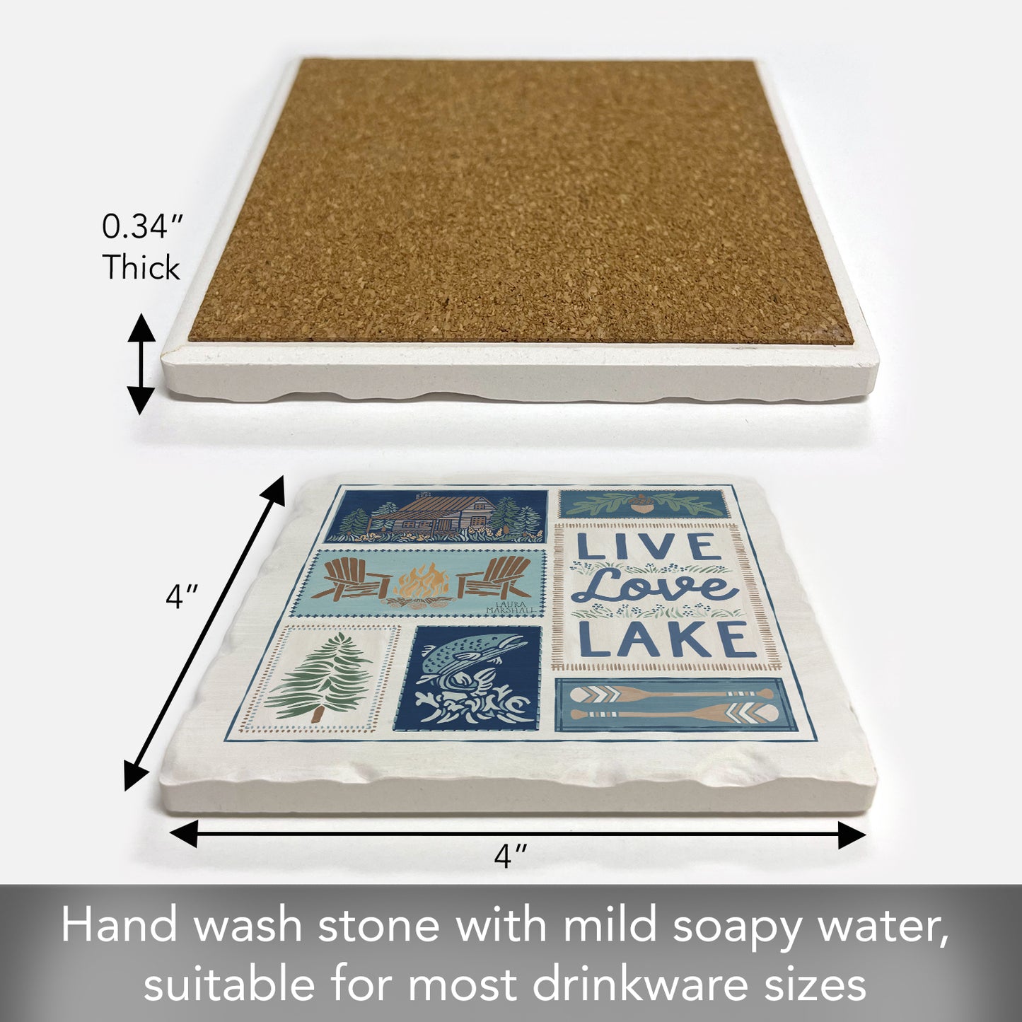 Thirstystone Live Love Lake Single Tumbled Tile Stone Coaster with Protective Cork Backing Manufactured in The USA 4" Square