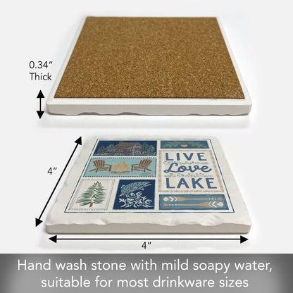 Thirstystone Live Love Lake Single Tumbled Tile Stone Coaster with Protective Cork Backing Manufactured in The USA 4" Square