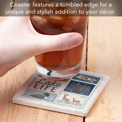 Thirstystone Lake Life Single Tumbled Tile Stone Coaster with Protective Cork Backing Manufactured in The USA 4" Square