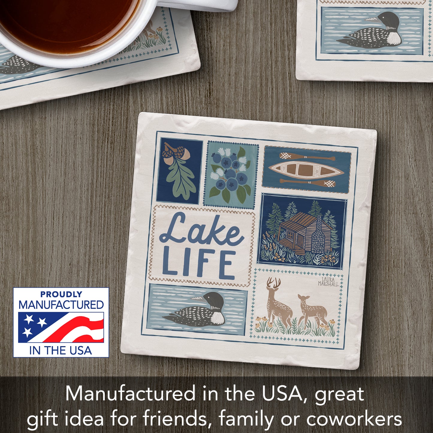 Thirstystone Lake Life Single Tumbled Tile Stone Coaster with Protective Cork Backing Manufactured in The USA 4" Square