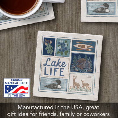 Thirstystone Lake Life Single Tumbled Tile Stone Coaster with Protective Cork Backing Manufactured in The USA 4" Square