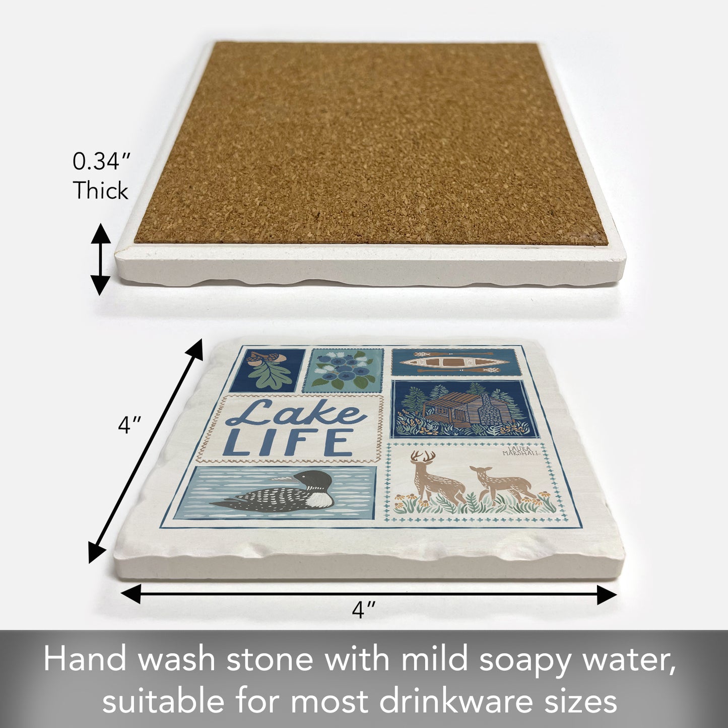 Thirstystone Lake Life Single Tumbled Tile Stone Coaster with Protective Cork Backing Manufactured in The USA 4" Square