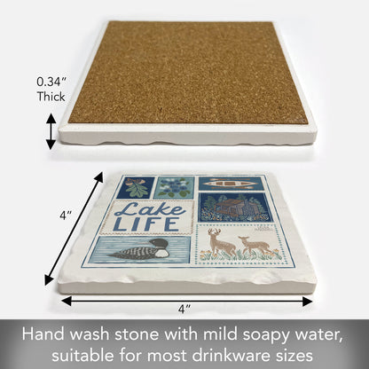 Thirstystone Lake Life Single Tumbled Tile Stone Coaster with Protective Cork Backing Manufactured in The USA 4" Square