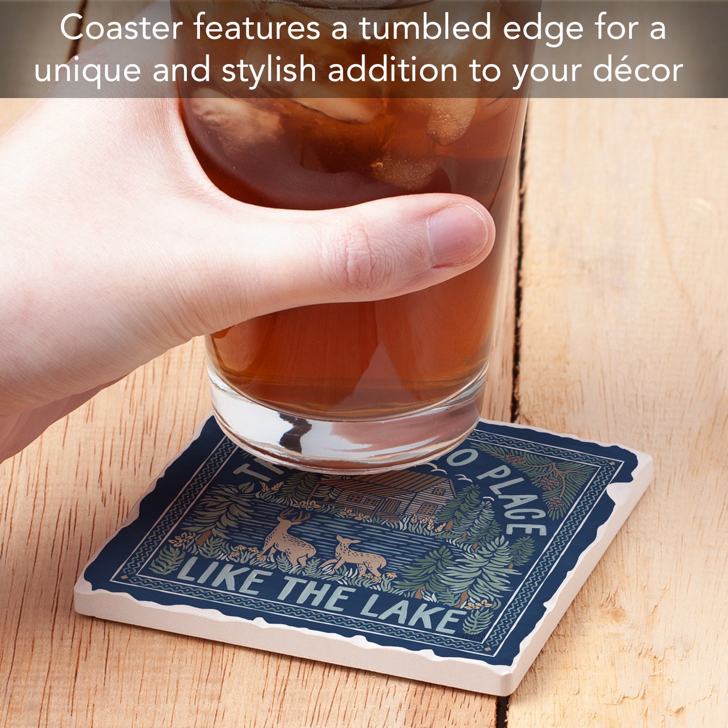 Thirstystone Lake Place Single Tumbled Tile Stone Coaster with Protective Cork Backing Manufactured in The USA 4" Square