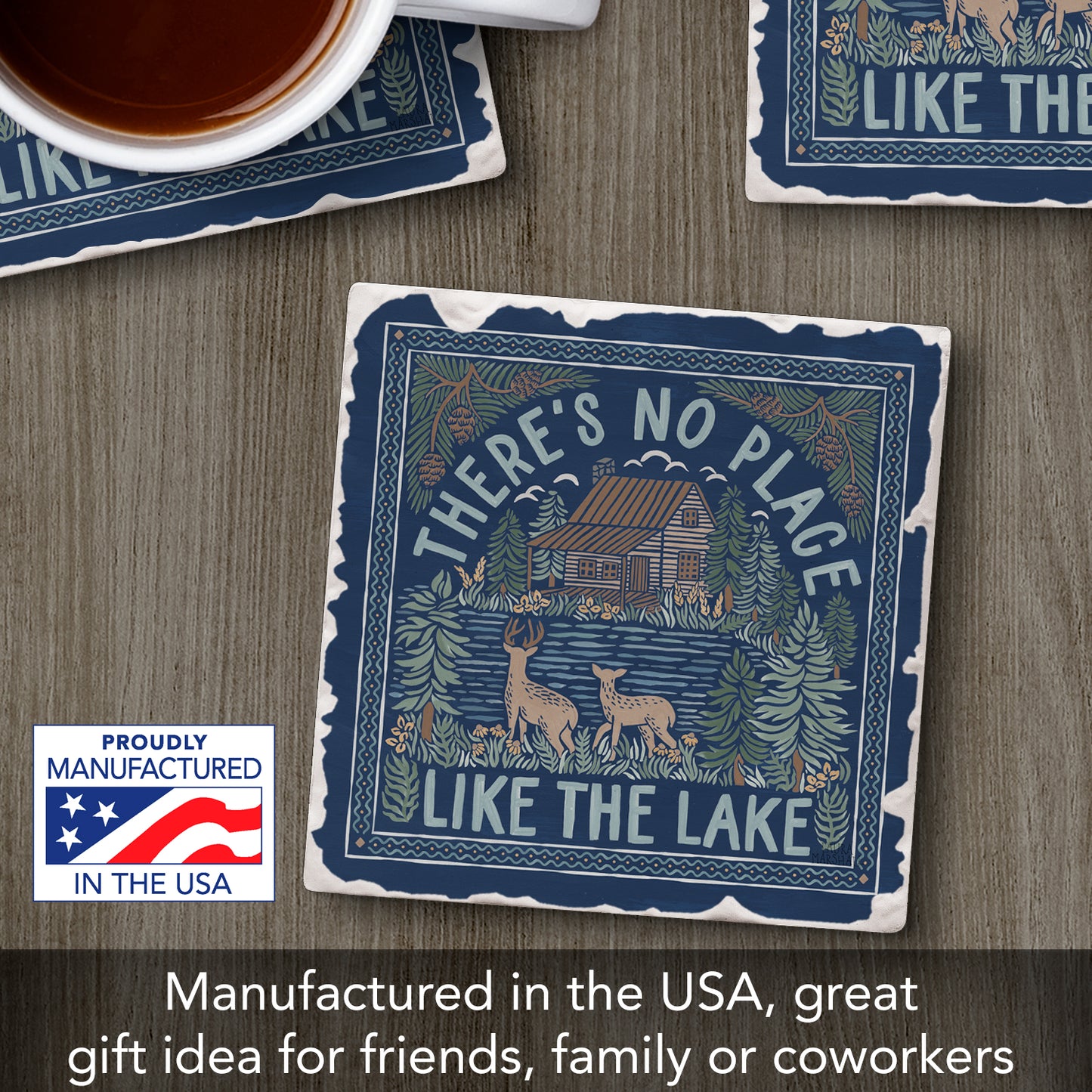 Thirstystone Lake Place Single Tumbled Tile Stone Coaster with Protective Cork Backing Manufactured in The USA 4" Square