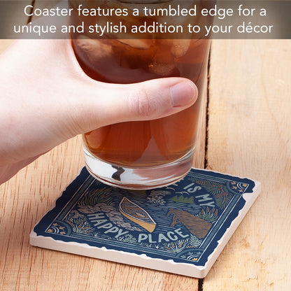 Thirstystone Lakeside Happy Single Tumbled Tile Stone Coaster with Protective Cork Backing Manufactured in The USA 4" Square