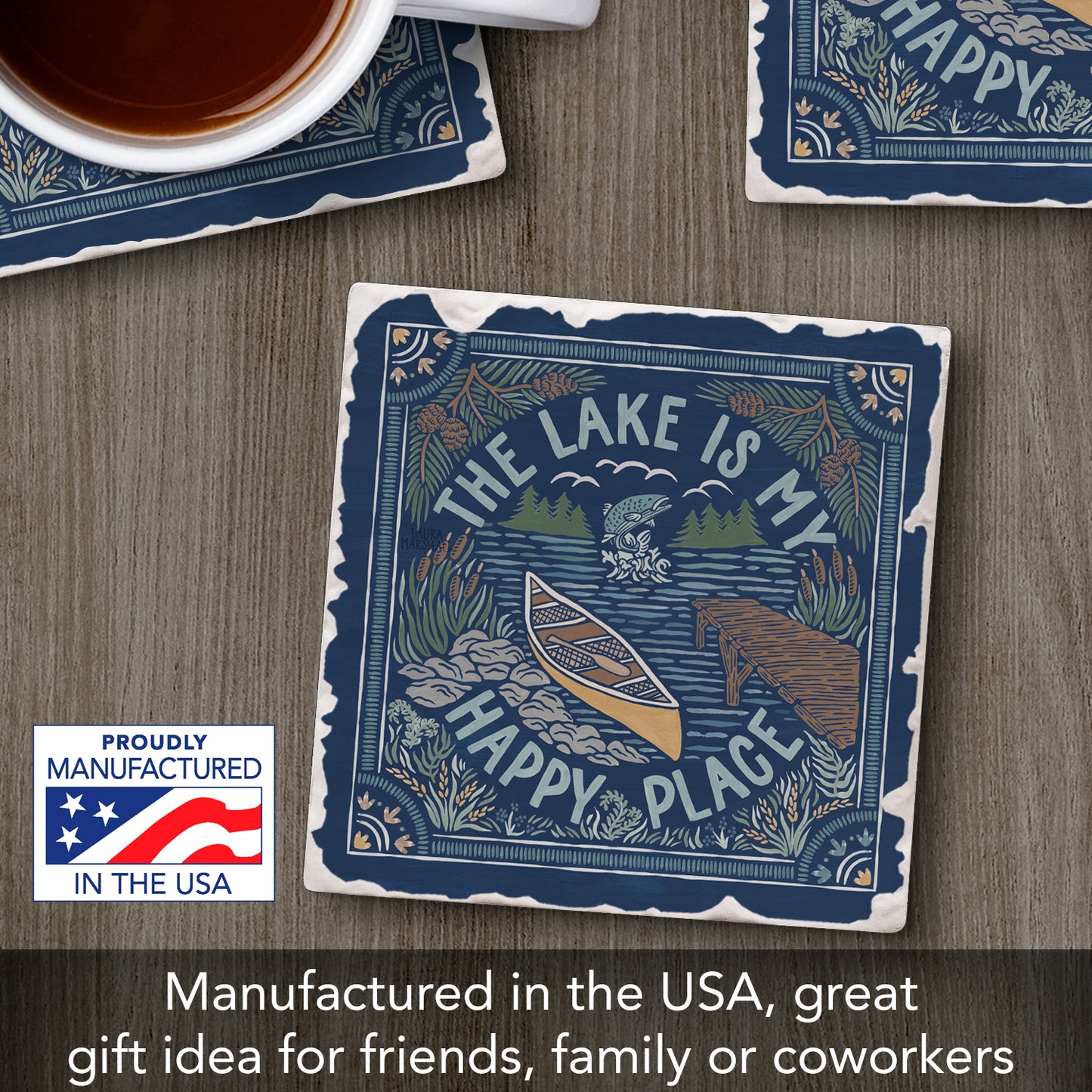 Thirstystone Lakeside Happy Single Tumbled Tile Stone Coaster with Protective Cork Backing Manufactured in The USA 4" Square