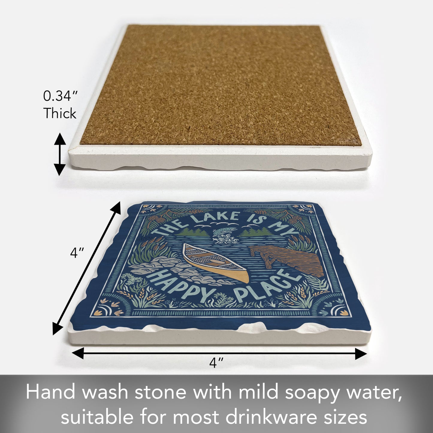 Thirstystone Lakeside Happy Single Tumbled Tile Stone Coaster with Protective Cork Backing Manufactured in The USA 4" Square