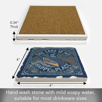 Thirstystone Lakeside Happy Single Tumbled Tile Stone Coaster with Protective Cork Backing Manufactured in The USA 4" Square