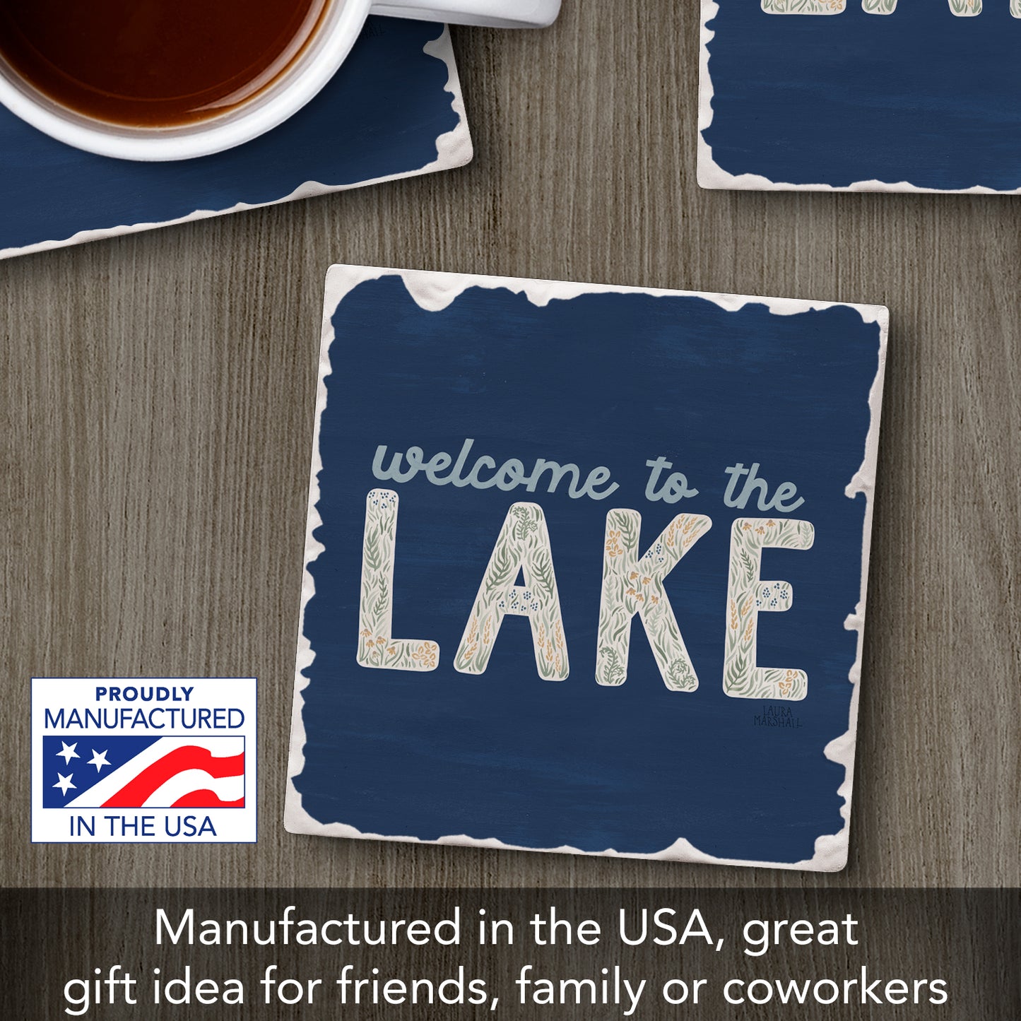 Thirstystone Lakeside Welcome Single Tumbled Tile Stone Coaster with Protective Cork Backing Manufactured in The USA 4" Square