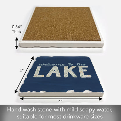Thirstystone Lakeside Welcome Single Tumbled Tile Stone Coaster with Protective Cork Backing Manufactured in The USA 4" Square