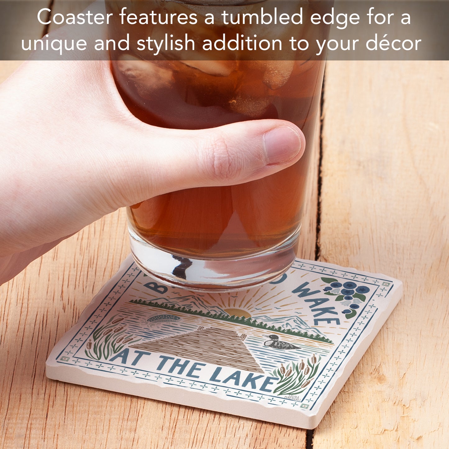 Thirstystone Wake at The Lake Single Tumbled Tile Stone Coaster with Protective Cork Backing Manufactured in The USA 4" Square
