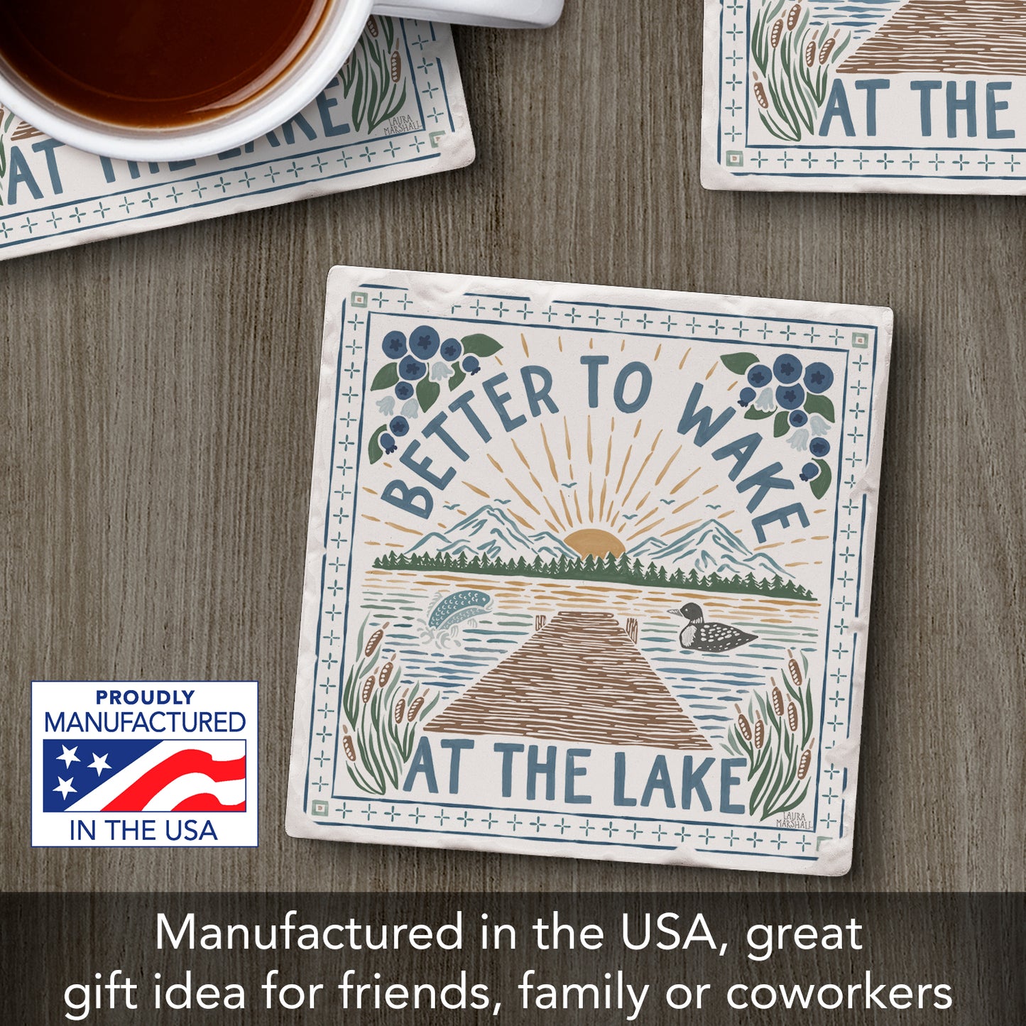 Thirstystone Wake at The Lake Single Tumbled Tile Stone Coaster with Protective Cork Backing Manufactured in The USA 4" Square