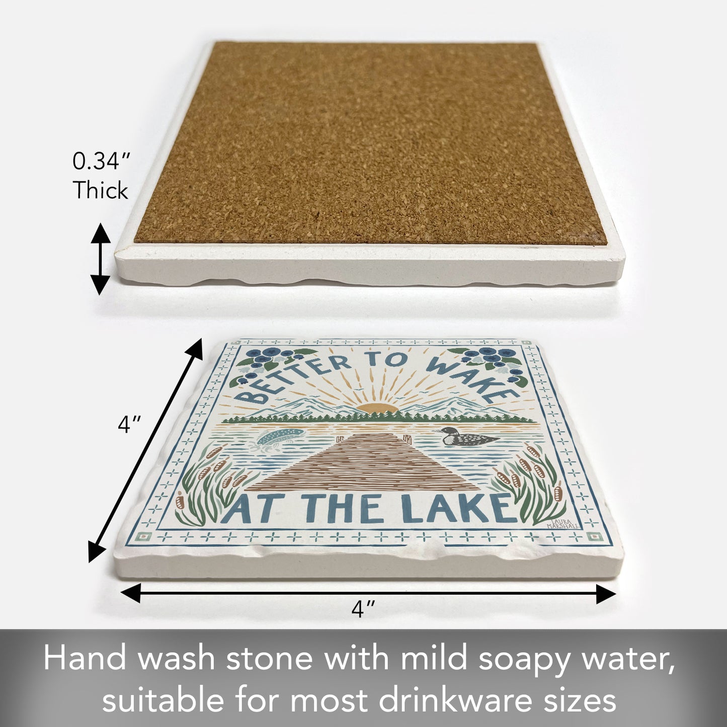 Thirstystone Wake at The Lake Single Tumbled Tile Stone Coaster with Protective Cork Backing Manufactured in The USA 4" Square