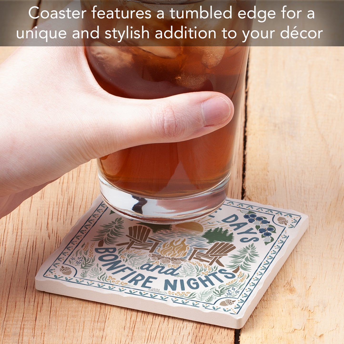 Thirstystone Lakeside Days Single Tumbled Tile Stone Coaster with Protective Cork Backing Manufactured in The USA 4" Square